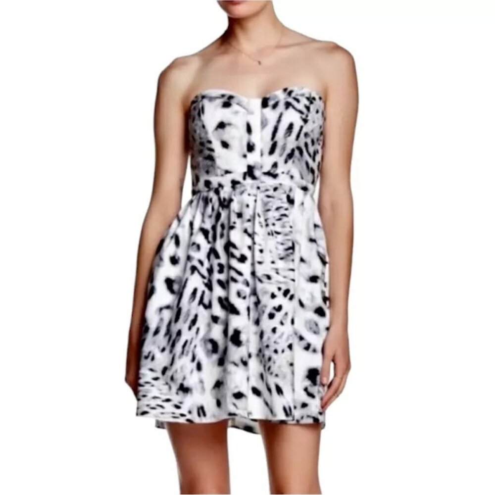 PARKER Mini Dress, Black Gray White Tie Dye Polyester Strapless Sleeveless, S - Picture 3 of 15